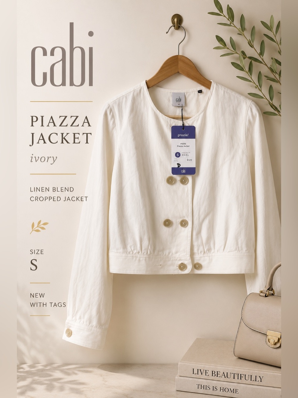 Cabi Piazza Jacket Ivory Cropped Linen Blend Jacket Size S